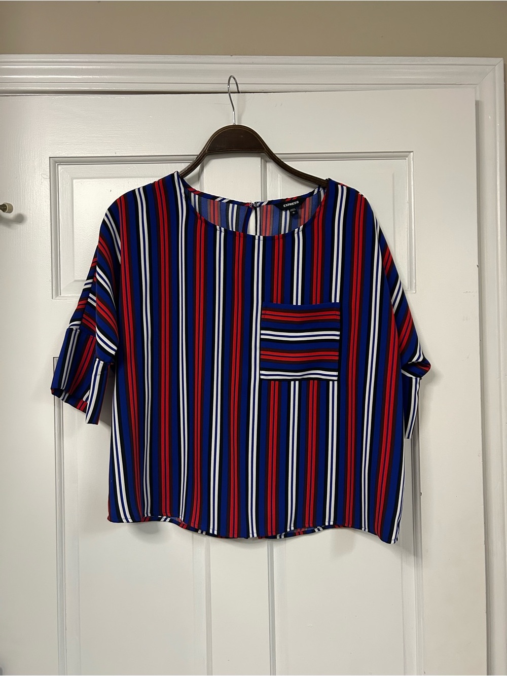 Express Red, Navy & White Striped Pocket Blouse
